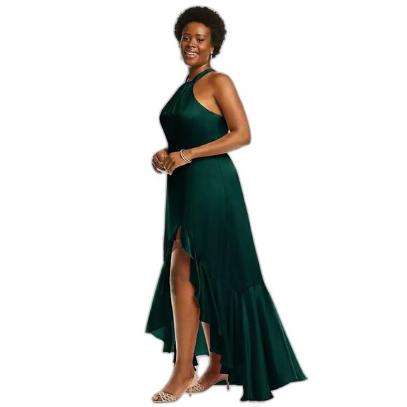 Social 8230 Whisper Satin Halter Maxi Dress Ruffle Skirt in Evergreen Size 14 - Picture 2 of 10